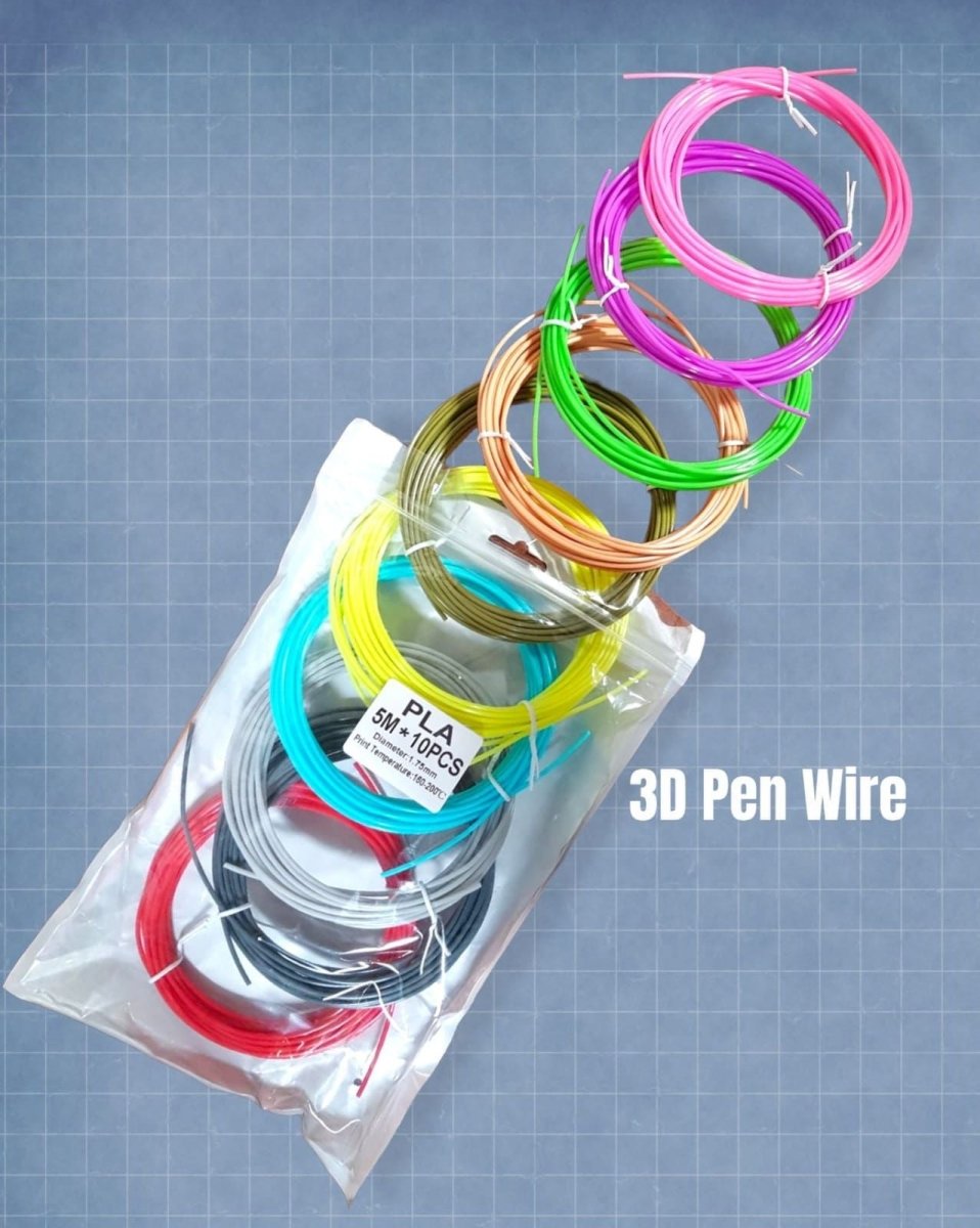 Packaged 3D pen wire in various colors on a grid background