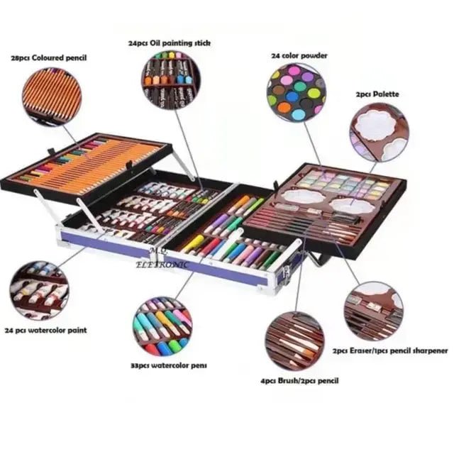 This image is showing 28pcs colored pencil and 24 pcs oil painting stick, 24 color powder, 2 pcs polette, 2 pcs eraser , 4 pcs brush / 2pcs pencil, 33 pcs watercolor pens, 24 pcs watercolor paint 