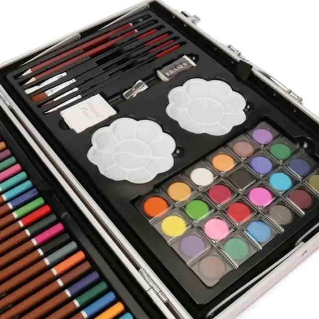 Beautiful kids art kit with color pencils, sketch pencils, watercolor paints, oil pastels, and brushes in an organized case.