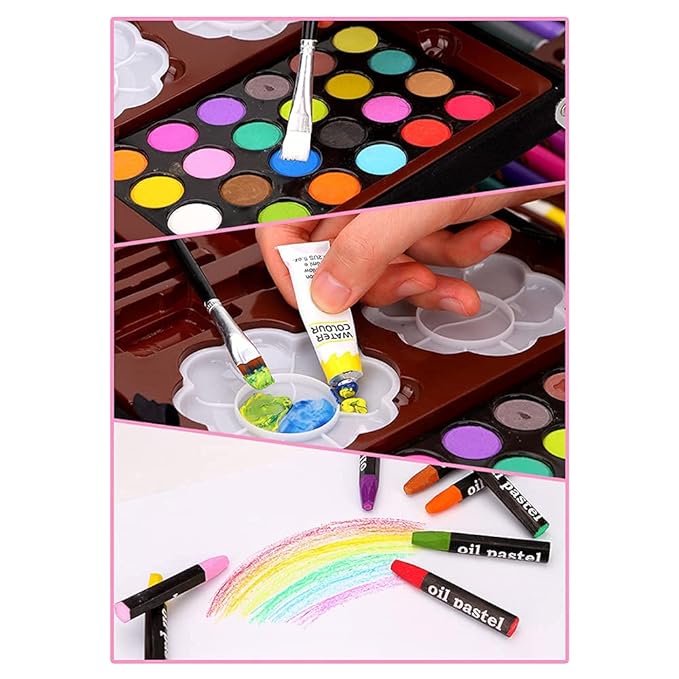 Colorful open galaxy art kit with watercolors, oil pastels, mixing palette, and brushes – perfect for space-themed painting and creative projects.