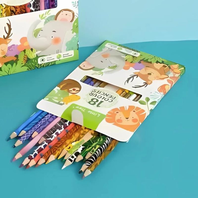 18 Shade Colour Pencil Set with Fun Animal Printspencil colorsCRAFTY CUDDLESet of colorful pencils with animal designs in a packaging on a blue backgroundtopstationery premiumstationery stationeryfinds trendingshop giftideasforkids classroomessentials studentessentials