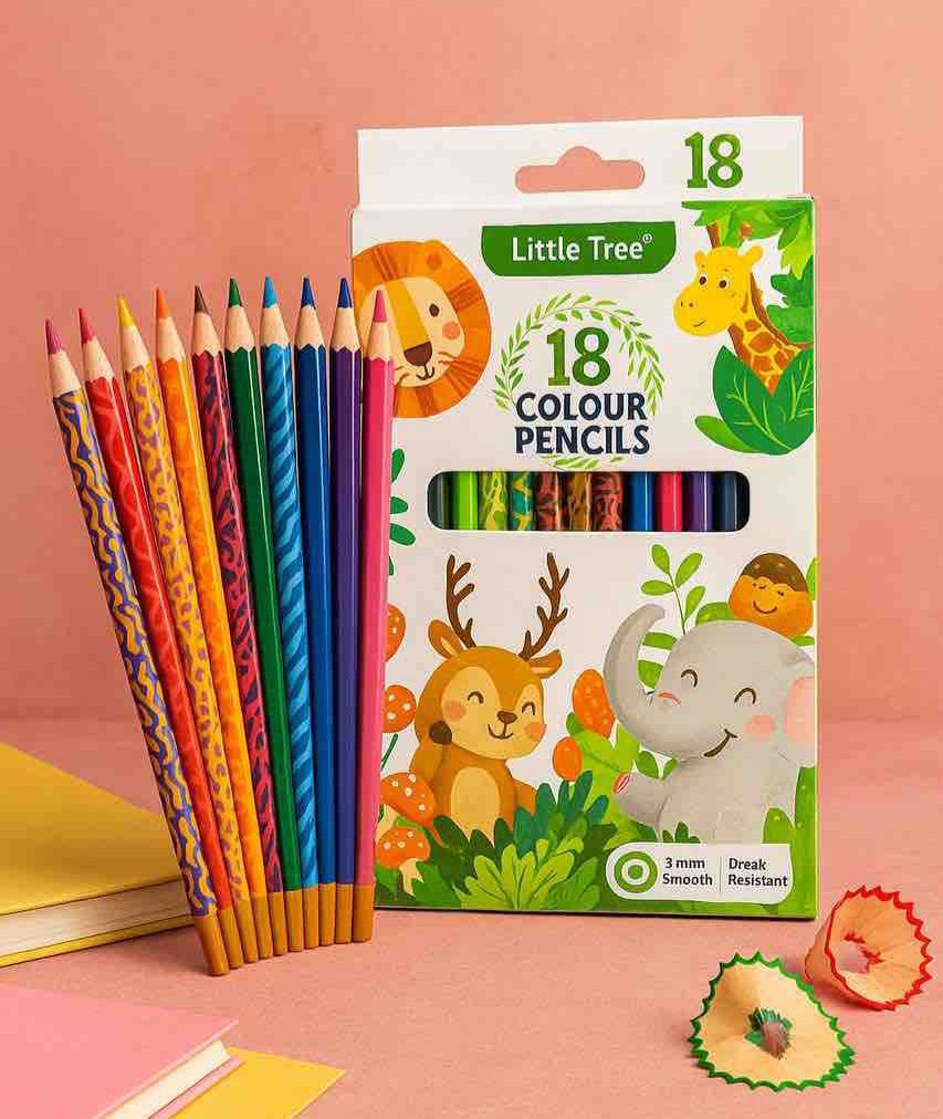 18 Shade Colour Pencil Set with Fun Animal Printspencil colorsCRAFTY CUDDLESet of 18 color pencils with a Little Tree packaging on a pink backgroundtopstationery premiumstationery stationeryfinds trendingshop giftideasforkids classroomessentials studentessentials
