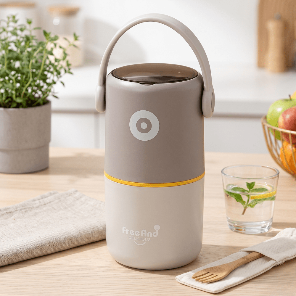 2 Layer Insulated Lunch Box with HandleStainless Steel Lunch BoxCrafty CuddleGray and yellow lunch box with a handle on a kitchen counter, featuring the brand &
