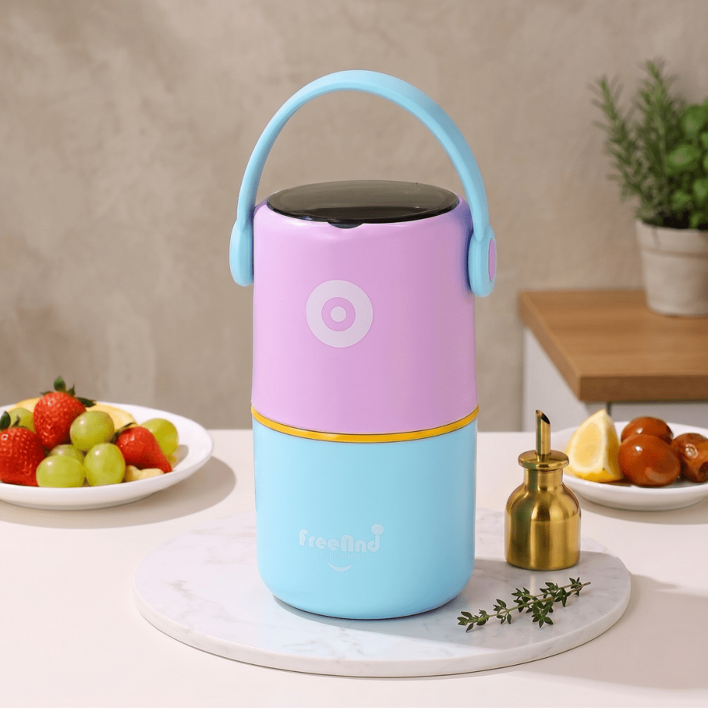 2 Layer Insulated Lunch Box with HandleStainless Steel Lunch BoxCrafty CuddleColorful lunch box on a table with fruits and a plant in the backgroundPurpleLunchBox TiffinBox InsulatedLunchBox LeakproofLunchBox OfficeEssentials KidsLunchBox MealPrepIndia FoodStorage LunchOnTheGo KitchenEssentials