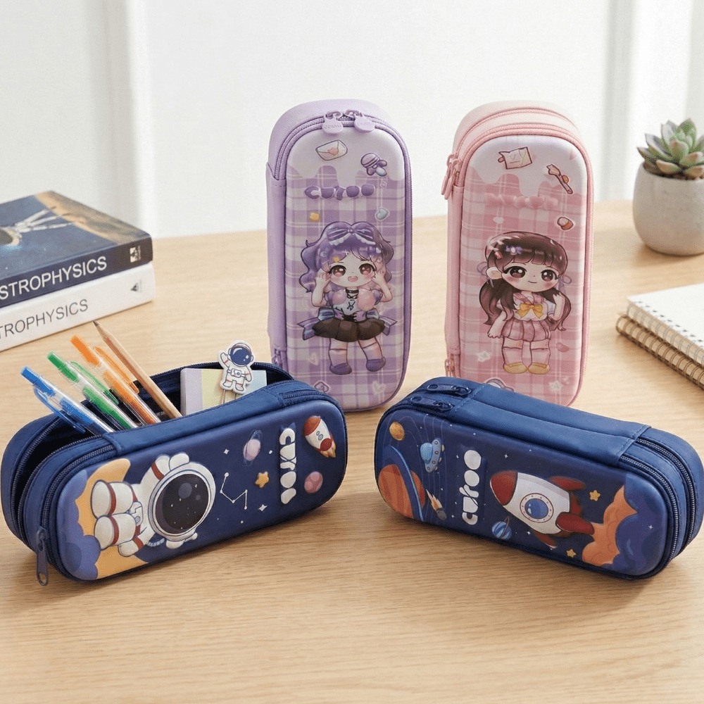 3D Cartoon Double Layer Pencil PouchPencil PouchCrafty CuddleFour colorful pencil cases with cartoon designs on a wooden surface.Purplepencilpouch 3dpencilcase kidsstationery doublelayerpencilcase cartoonpencilpouch schoolstationery stationeryforkids cutestationery backtoschool studentstationery