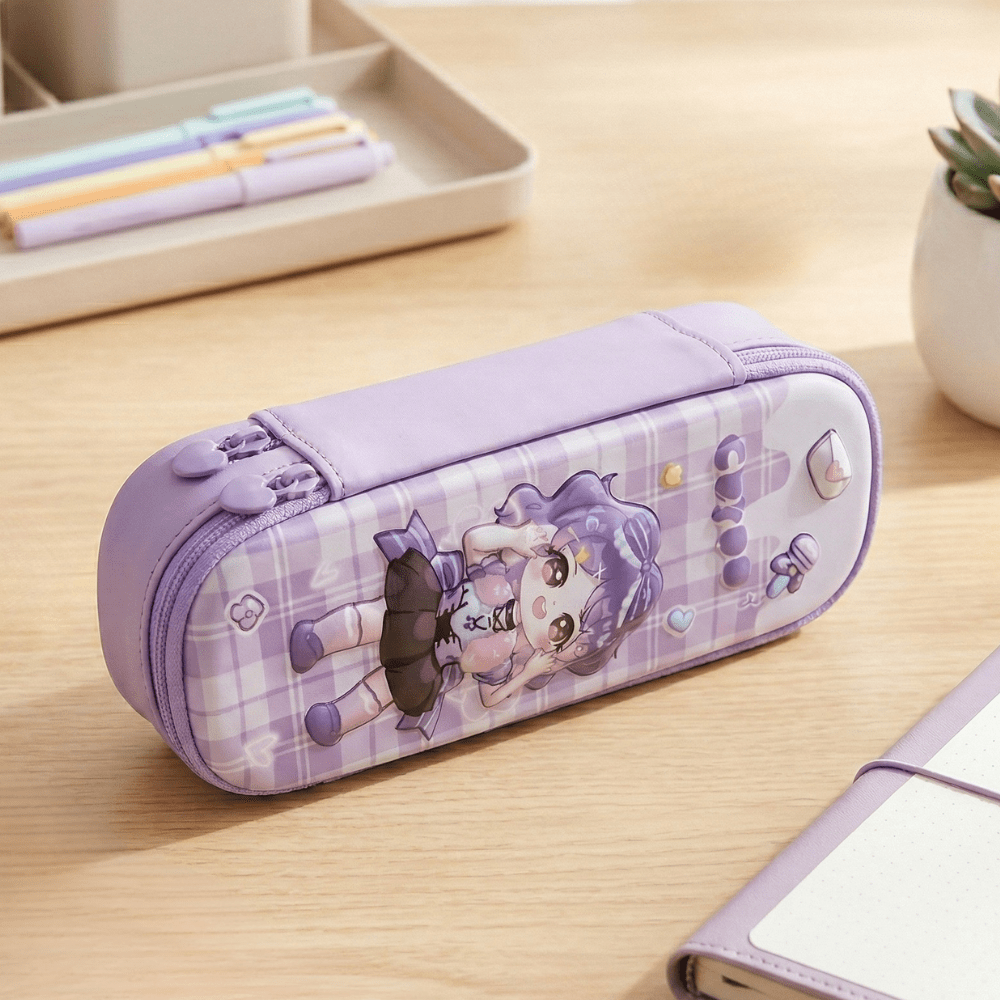 3D Cartoon Double Layer Pencil PouchPencil PouchCrafty CuddlePurple cartoon - themed pencil case on a wooden desk with stationery items.Purplepencilpouch 3dpencilcase kidsstationery doublelayerpencilcase cartoonpencilpouch schoolstationery stationeryforkids cutestationery backtoschool studentstationery