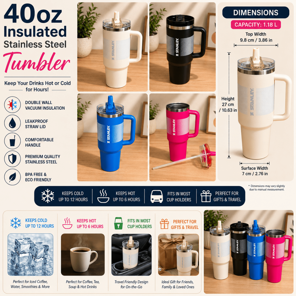 40oz Insulated Stainless Steel TumblerTumblersCrafty CuddleA promotional infographic for a 40oz insulated stainless steel tumbler, showing multiple color options (cream, black, gold, blue, pink, and dark gray) with dimension labels, feature icons, and usage scenarios on a white background.White1.18L tumblertumbler with straw