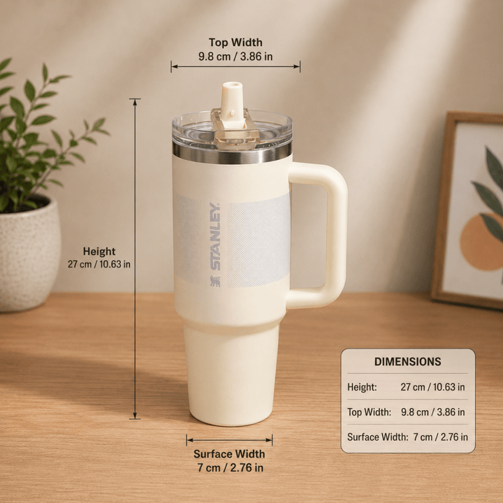 40oz Insulated Stainless Steel TumblerTumblersCrafty CuddleA Stanley insulated tumbler with a handle and lid is shown on a wooden tabletop with overlaid dimension lines and text indicating height, top width, and surface width. A small plant and framed art are blurred in the background.White1.18L tumblertumbler with straw