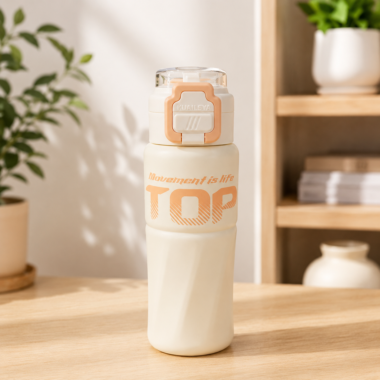 White water bottle with orange text on a wooden surface, plant and books in the background