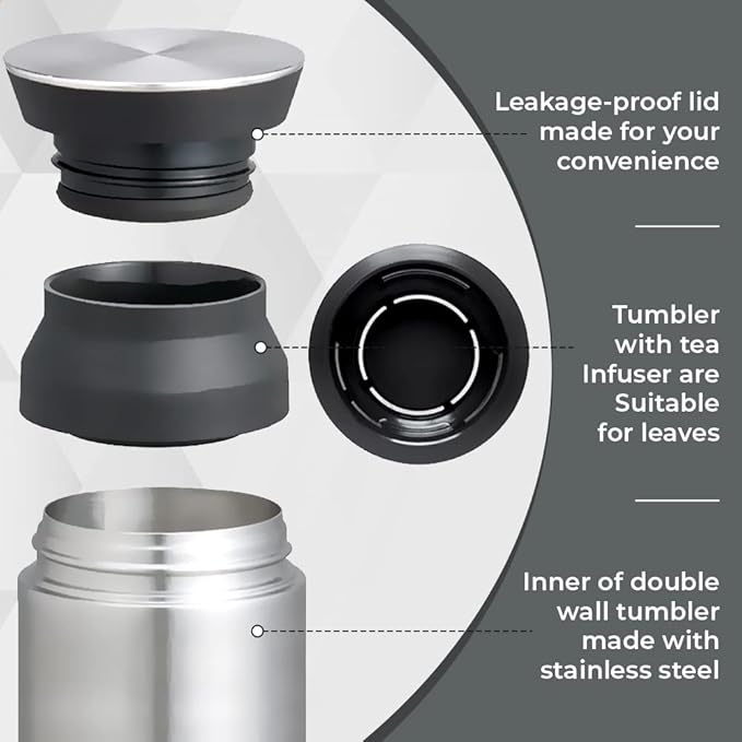 Stainless steel insulated tumbler showing leak-proof lid, double-wall inner design, and also tea storage functionality
