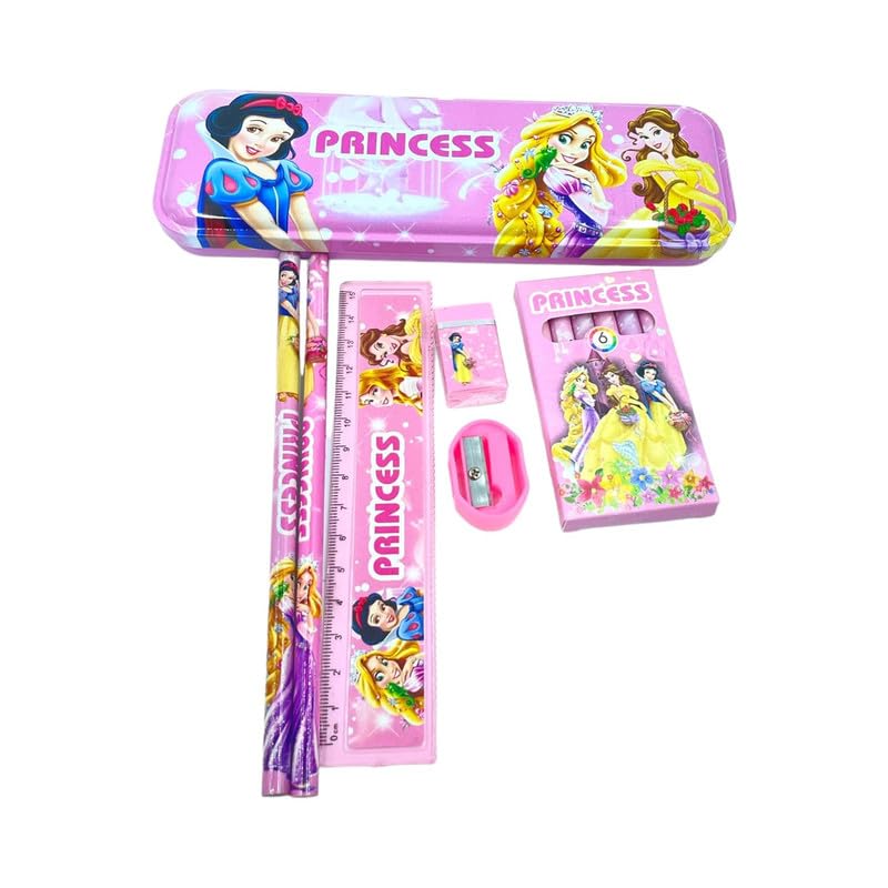 Princess-themed stationery set with pencil case, ruler, and other items on a white background