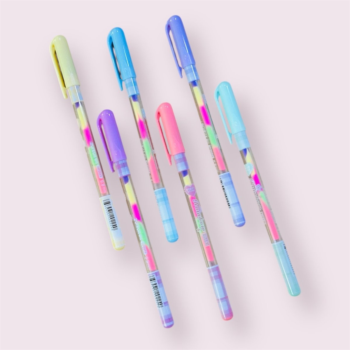 Colorful pack of 6 gel pens, smooth-flow ink in rainbow tones for doodles, notes, and creative designs.