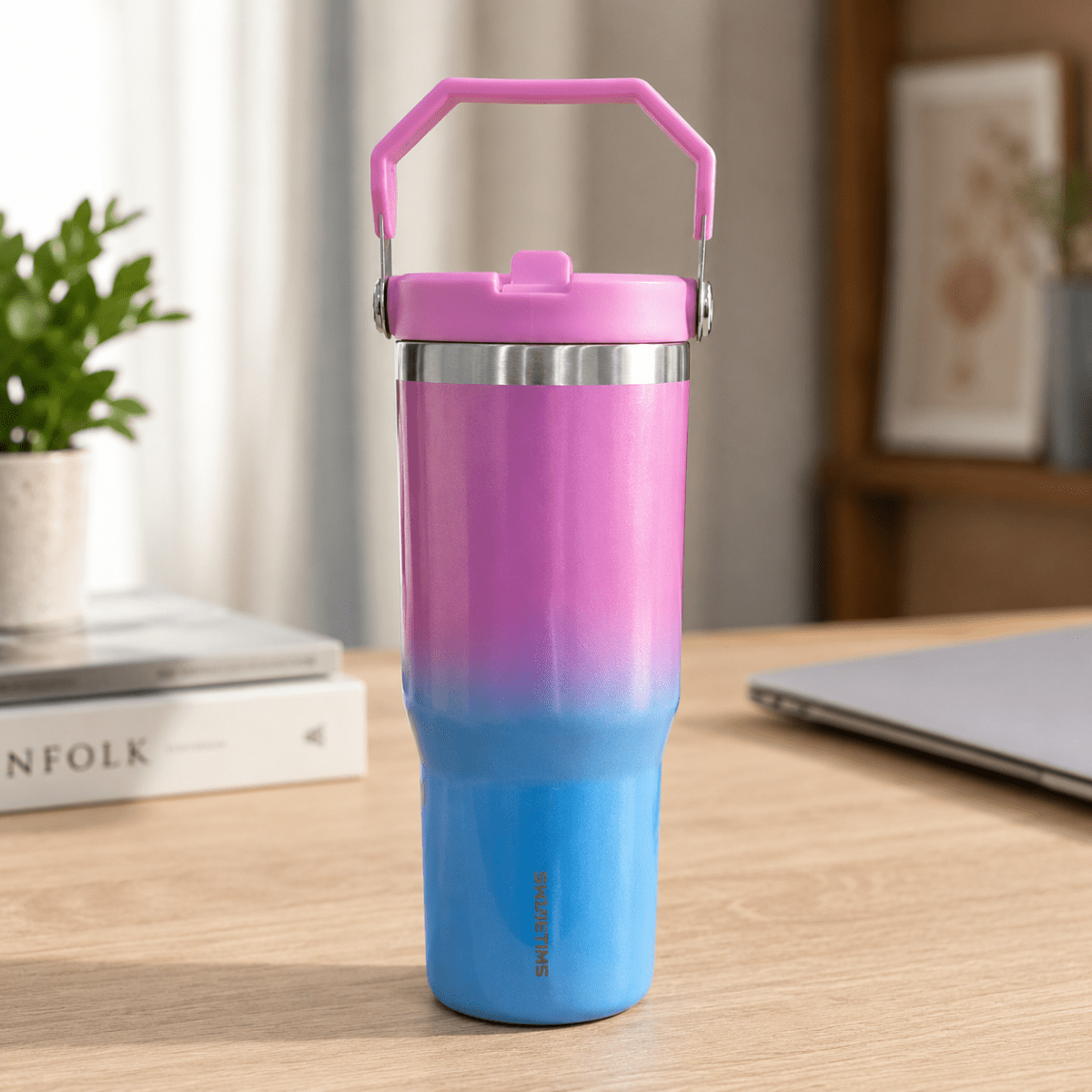 900ml Stainless Steel Insulated Tumbler with HandleInsulated Water BottleCrafty CuddleGradient pink to blue tumbler on a wooden surface with a plant and books in the backgroundPink & BlueStainlessSteelTumbler 900mlTumbler TravelMug StrawSipper InsulatedBottle LeakproofBottle BPAFree HydrationOnTheGo CupHolderFriendly TravelEssentialsStationeryAddict