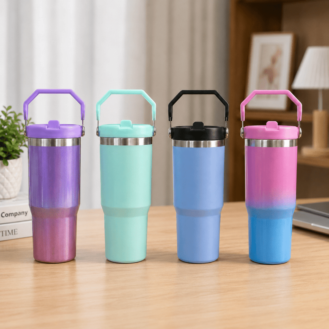 900ml Stainless Steel Insulated Tumbler with HandleInsulated Water BottleCrafty CuddleFour gradient-colored tumblers on a wooden surface with a blurred indoor background.PurpleStainlessSteelTumbler 900mlTumbler TravelMug StrawSipper InsulatedBottle LeakproofBottle BPAFree HydrationOnTheGo CupHolderFriendly TravelEssentialsStationeryAddict