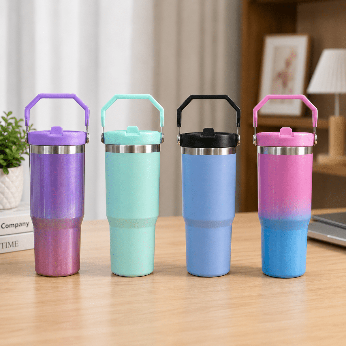 900ml Stainless Steel Insulated Tumbler with HandleInsulated Water BottleCrafty CuddleFour gradient-colored tumblers on a wooden surface with a blurred indoor background.PurpleStainlessSteelTumbler 900mlTumbler TravelMug StrawSipper InsulatedBottle LeakproofBottle BPAFree HydrationOnTheGo CupHolderFriendly TravelEssentialsStationeryAddict