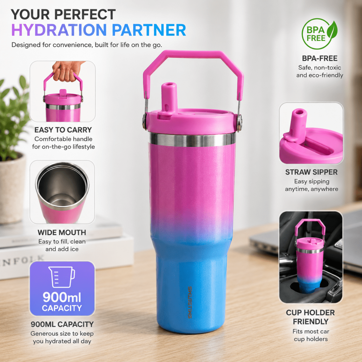 900ml Stainless Steel Insulated Tumbler with HandleInsulated Water BottleCrafty CuddlePink and blue gradient water bottle with handle and straw on a deskMint GreenStainlessSteelTumbler 900mlTumbler TravelMug StrawSipper InsulatedBottle LeakproofBottle BPAFree HydrationOnTheGo CupHolderFriendly TravelEssentialsStationeryAddict