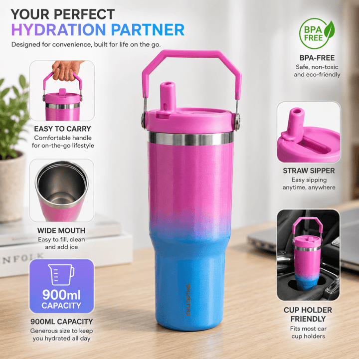 900ml Stainless Steel Insulated Tumbler with HandleInsulated Water BottleCrafty CuddlePink and blue gradient water bottle with handle and straw on a deskMint GreenStainlessSteelTumbler 900mlTumbler TravelMug StrawSipper InsulatedBottle LeakproofBottle BPAFree HydrationOnTheGo CupHolderFriendly TravelEssentialsStationeryAddict