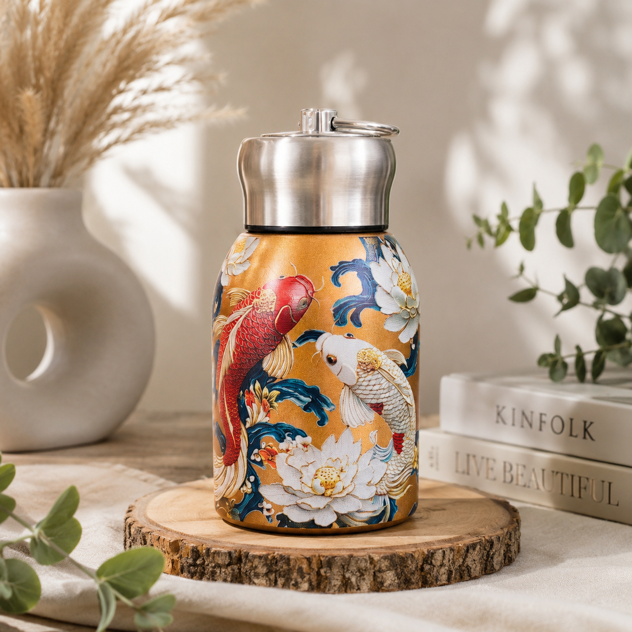 A stainless steel water bottle with a mustard yellow background and a detailed koi fish and white lotus floral print, displayed on a rustic wood slice coaster with decorative props.