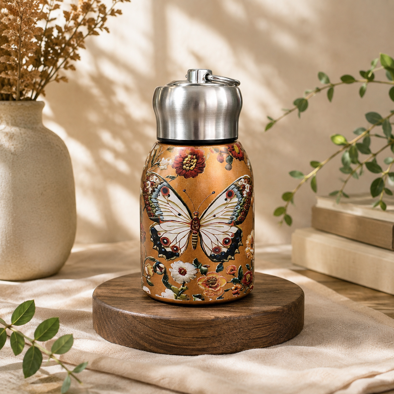 A decorative insulated bottle with a butterfly and floral print sits on a round wooden pedestal. The bottle has a warm gold-brown base, a large white and black butterfly in the center, and smaller red, green, and cream flowers around it.