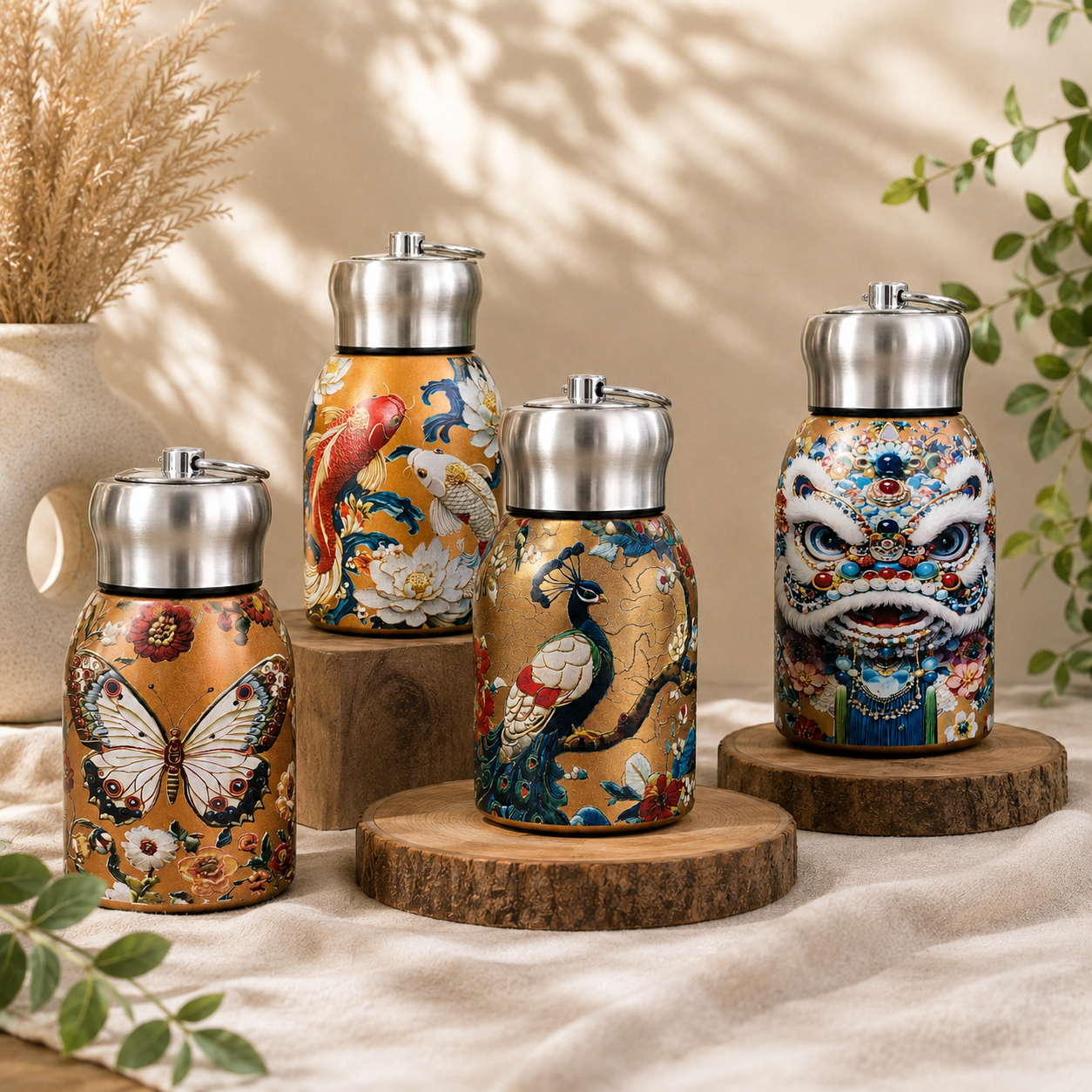 Four decorative insulated tumblers with stainless steel lids are arranged on wooden slices in a styled studio setting. The tumblers feature intricate printed designs: a butterfly, a bird with white flowers, a peacock, and a traditional Chinese lion face.