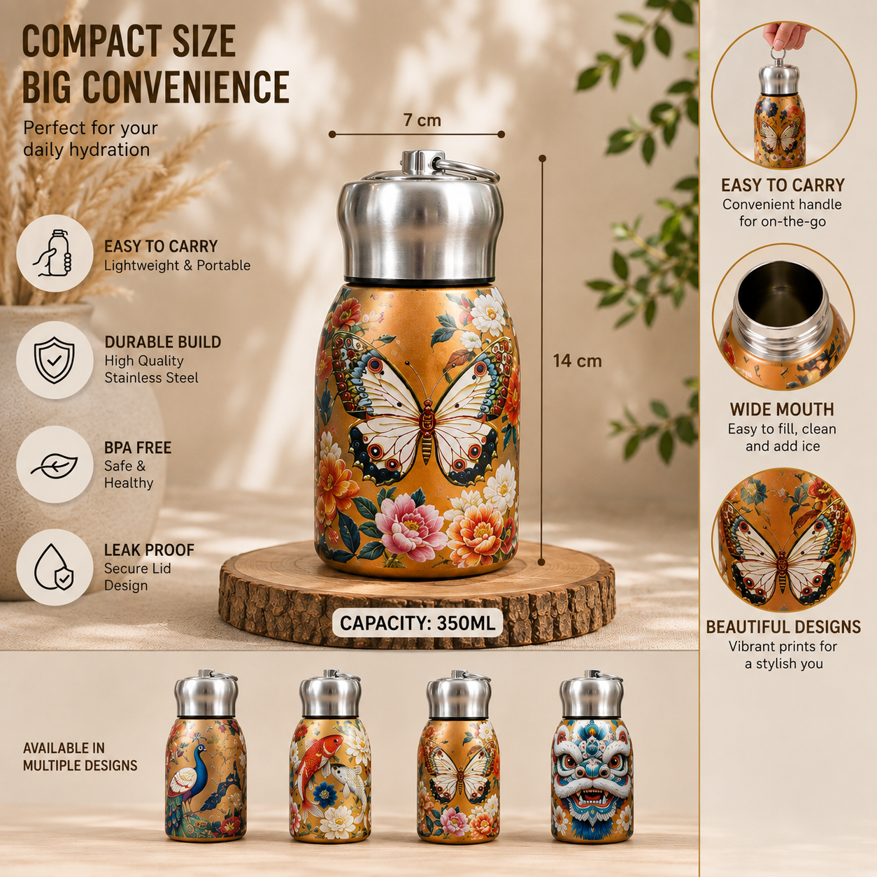 A compact stainless steel travel tumbler with a butterfly and floral print, shown on a wooden stand with dimensions, feature callouts, and smaller alternate color designs. The main tumbler has a warm orange-gold background with a large butterfly and pink flowers, and the image includes text highlighting portability, durability, wide mouth, BPA-free, and multiple design options.