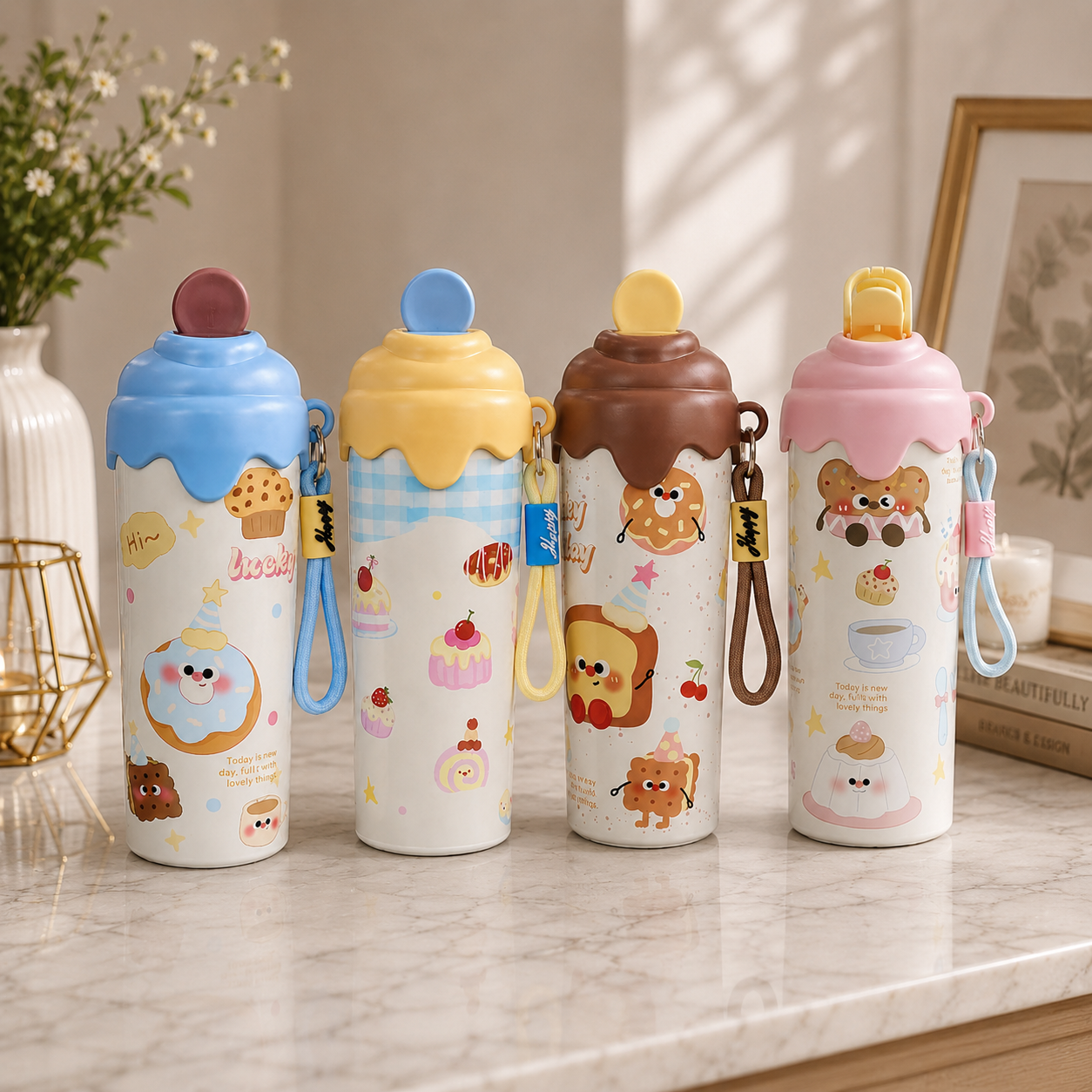 Four cute cartoon water bottles lined up on a marble countertop. The bottles are white with colorful dessert and character prints, featuring matching colorful lids and wrist straps.