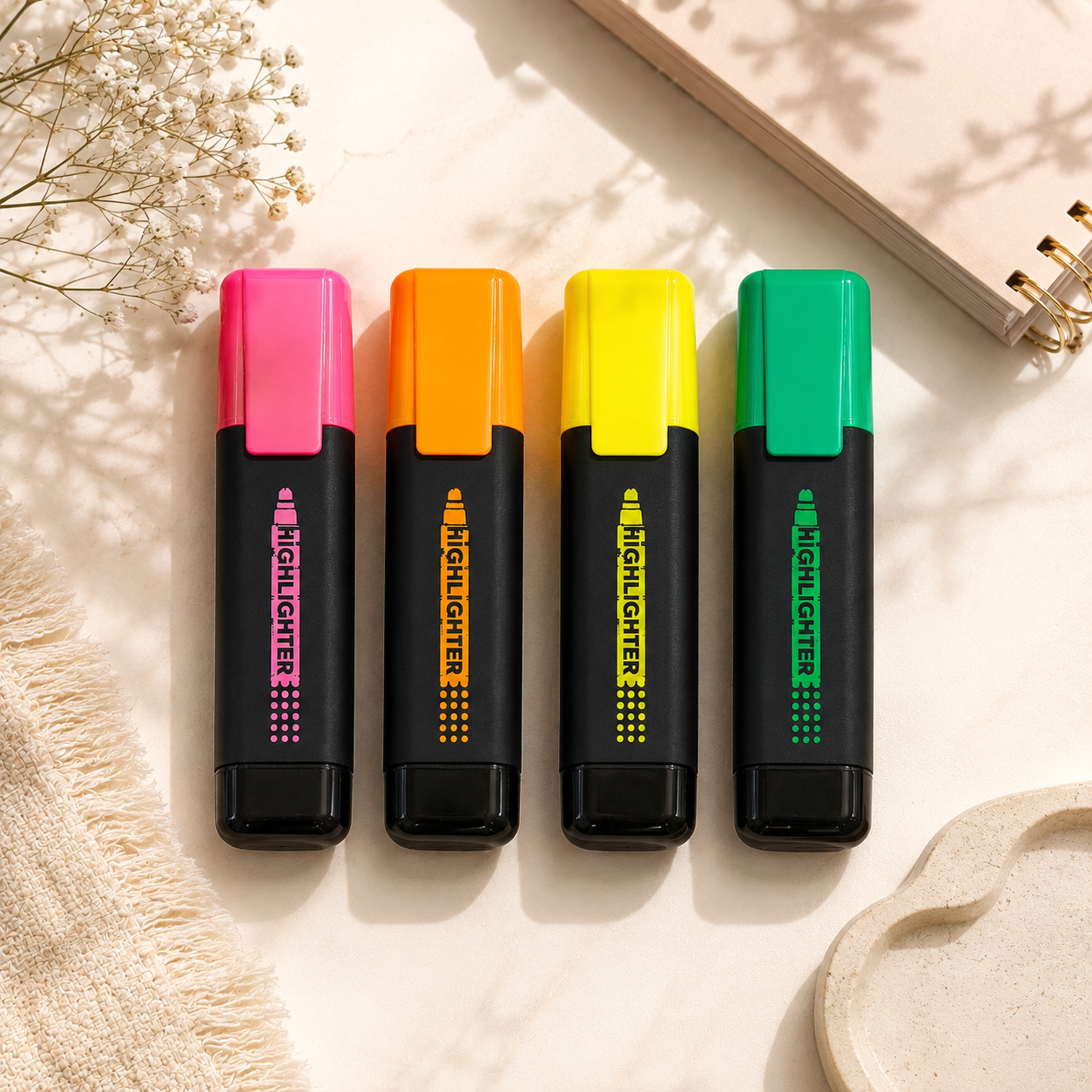 Four highlighters in pink, orange, yellow, and green caps with black bodies, arranged in a row on a light beige surface with decorative dried flowers and a notebook in the background.
