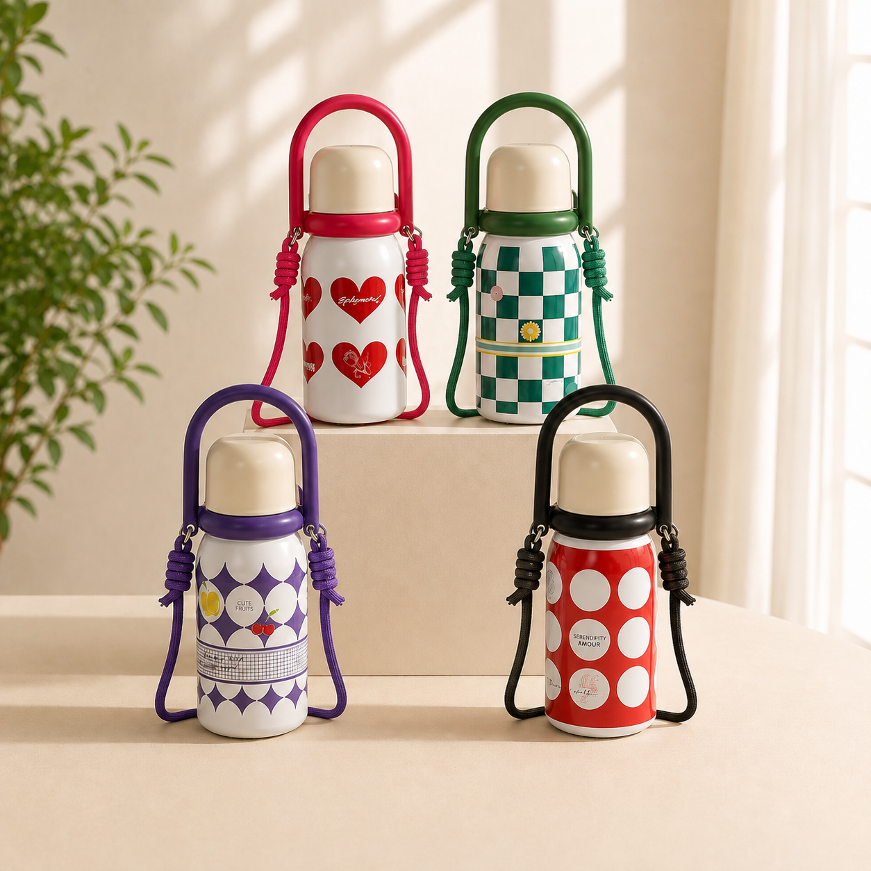 Four insulated bottles with detachable shoulder straps arranged on a beige tabletop and riser. The bottles are white with colorful patterns: red hearts, green-and-white check, purple geometric, and red-and-white polka dots.