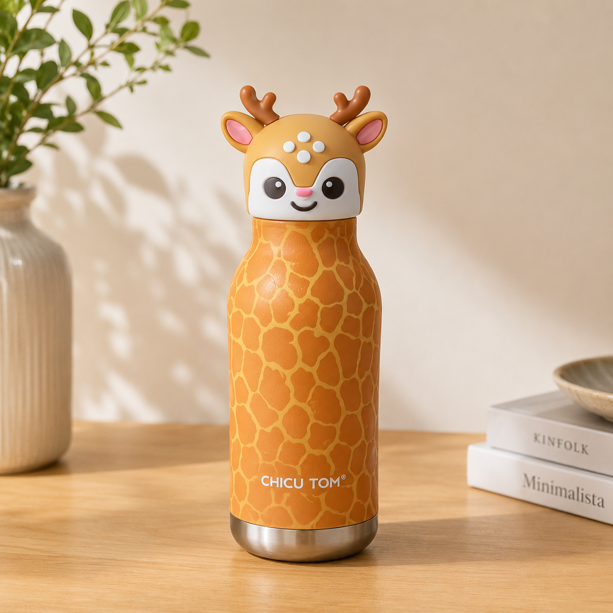 A giraffe-themed insulated water bottle with a cute deer head lid, standing on a wooden table with a vase and books in the background.