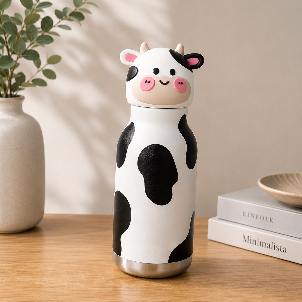 A cute cow-shaped water bottle with a black and white spotted pattern, pink snout and ears, and a silver stainless steel base, sitting on a wooden table next to books and a vase.