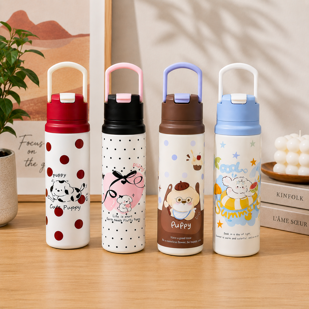 4 Water Bottles featuring cartoon design on a wooden surface. 