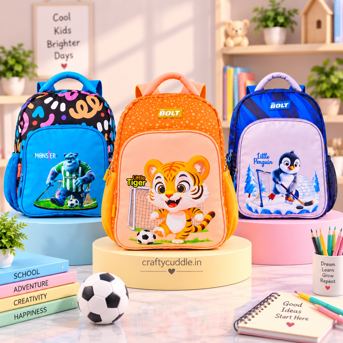 Three colorful children's backpacks displayed on round pedestals in a bright classroom-themed setting. The center backpack is orange with a cartoon tiger and the brand name BOLT, flanked by blue backpacks with cartoon graphics.