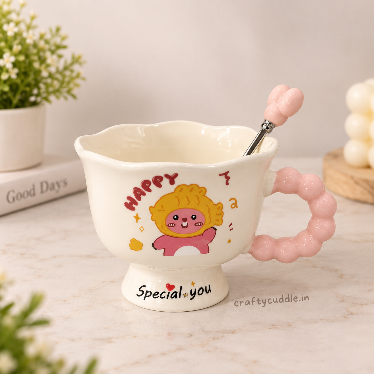 Ceramic Coffee Mug with Beaded Handle & Spoon