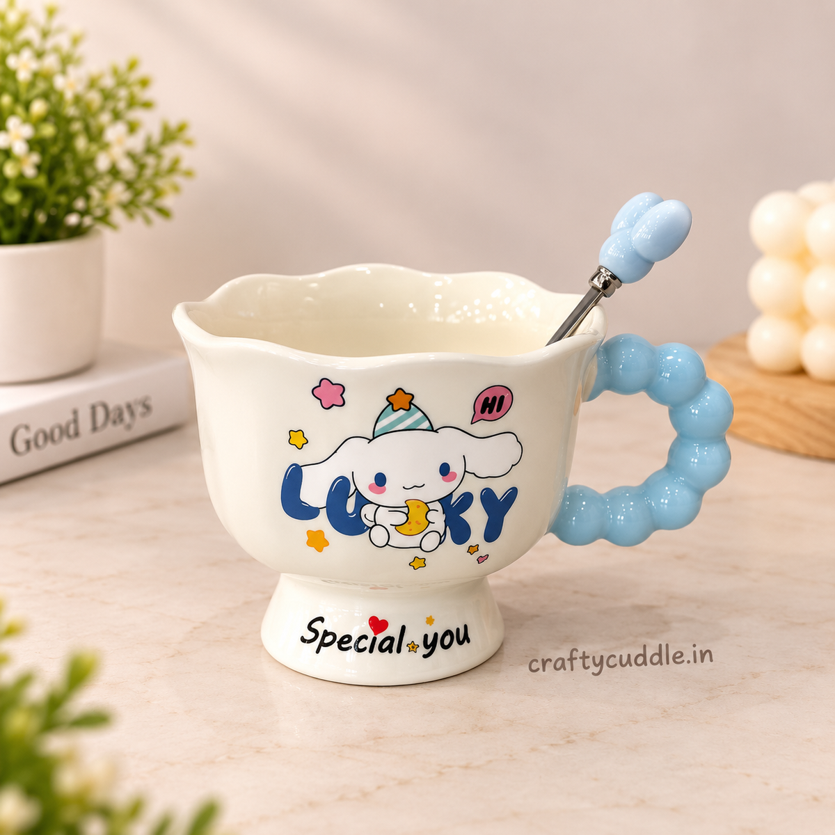 Ceramic Coffee Mug with Beaded Handle & Spoon