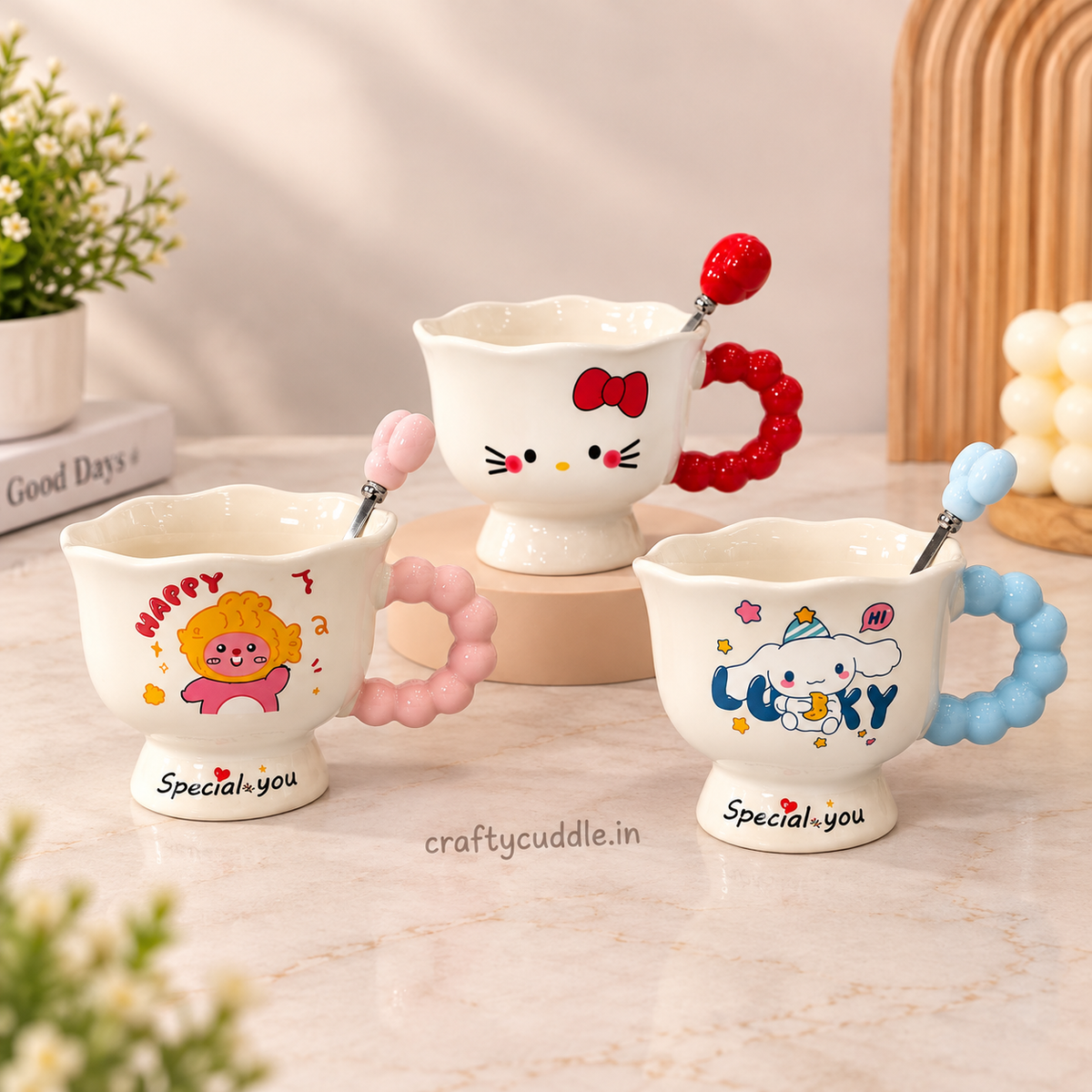 Ceramic Coffee Mug with Beaded Handle & Spoon
