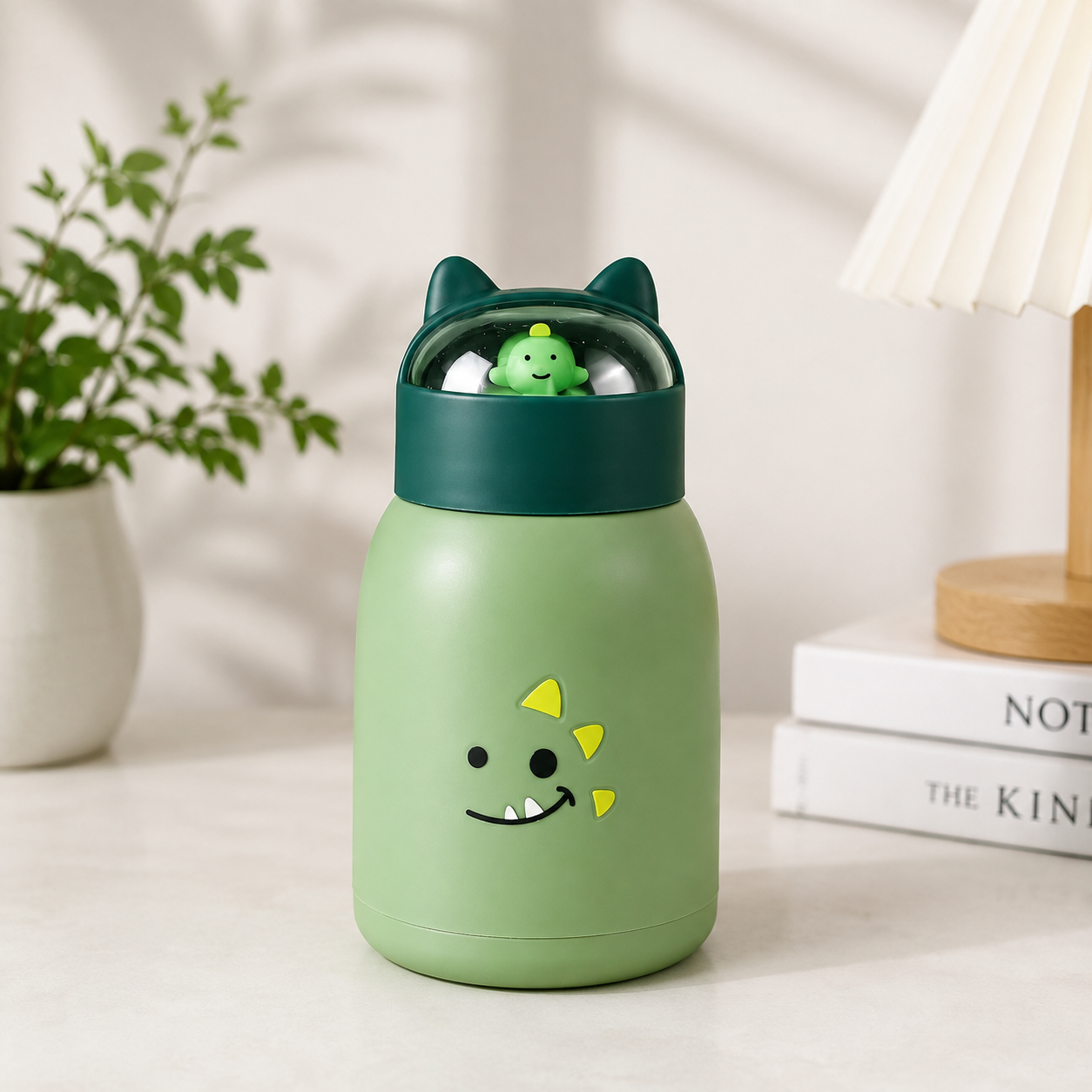 A green dinosaur-themed glass water bottle with a dark green lid, cat-ear details, and a small dinosaur figure inside the lid, set on a tabletop with a potted plant and a lamp in the background.