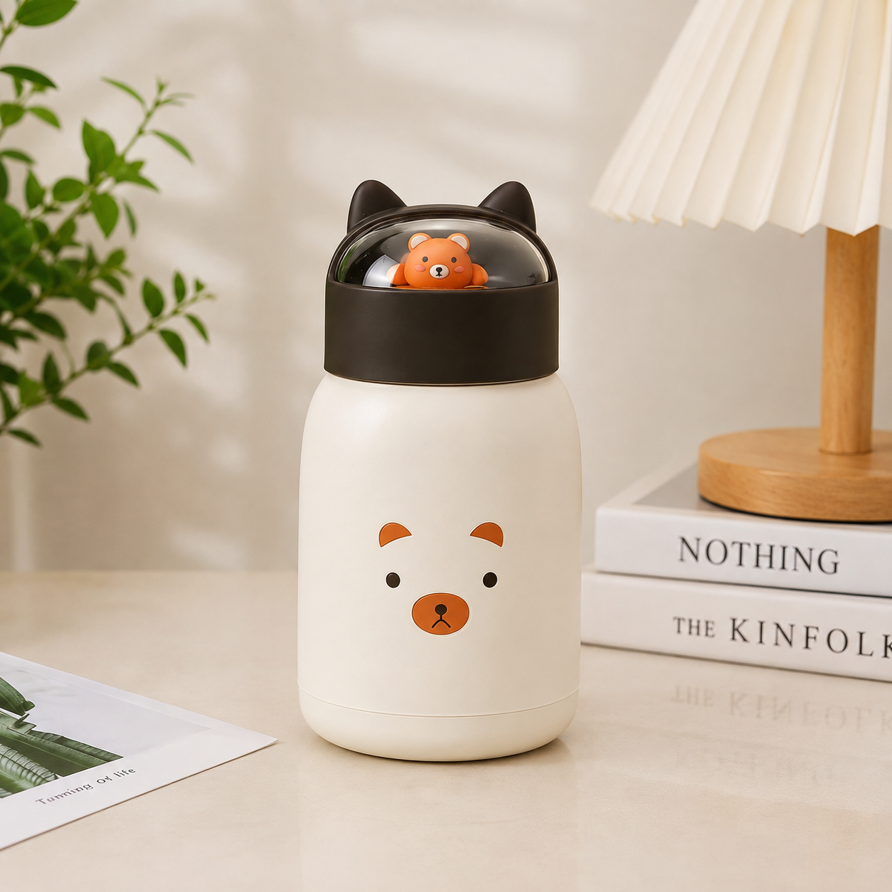 A cute white glass water bottle with a bear face graphic and a black lid featuring cat ears and a small bear figure inside, styled on a tabletop next to a plant, books, and a lamp.
