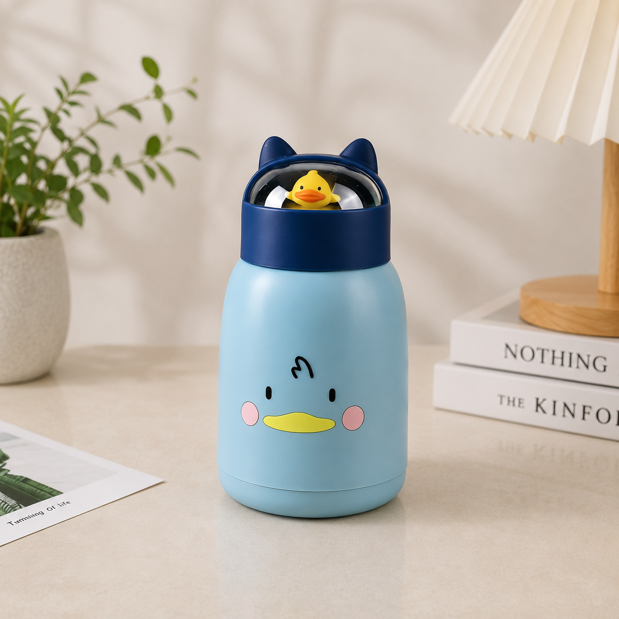 A light blue glass bottle with a cartoon duck face and dark blue lid, shown on a tabletop in a styled indoor setting with a plant, lamp, and books.