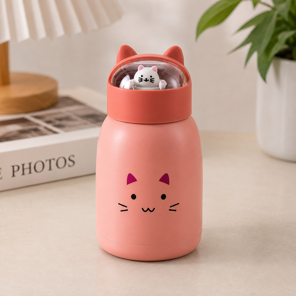 A pink cat-face glass bottle with a matching pink lid and cat-ear top, shown on a tabletop with a lamp, book, and plant in the background.