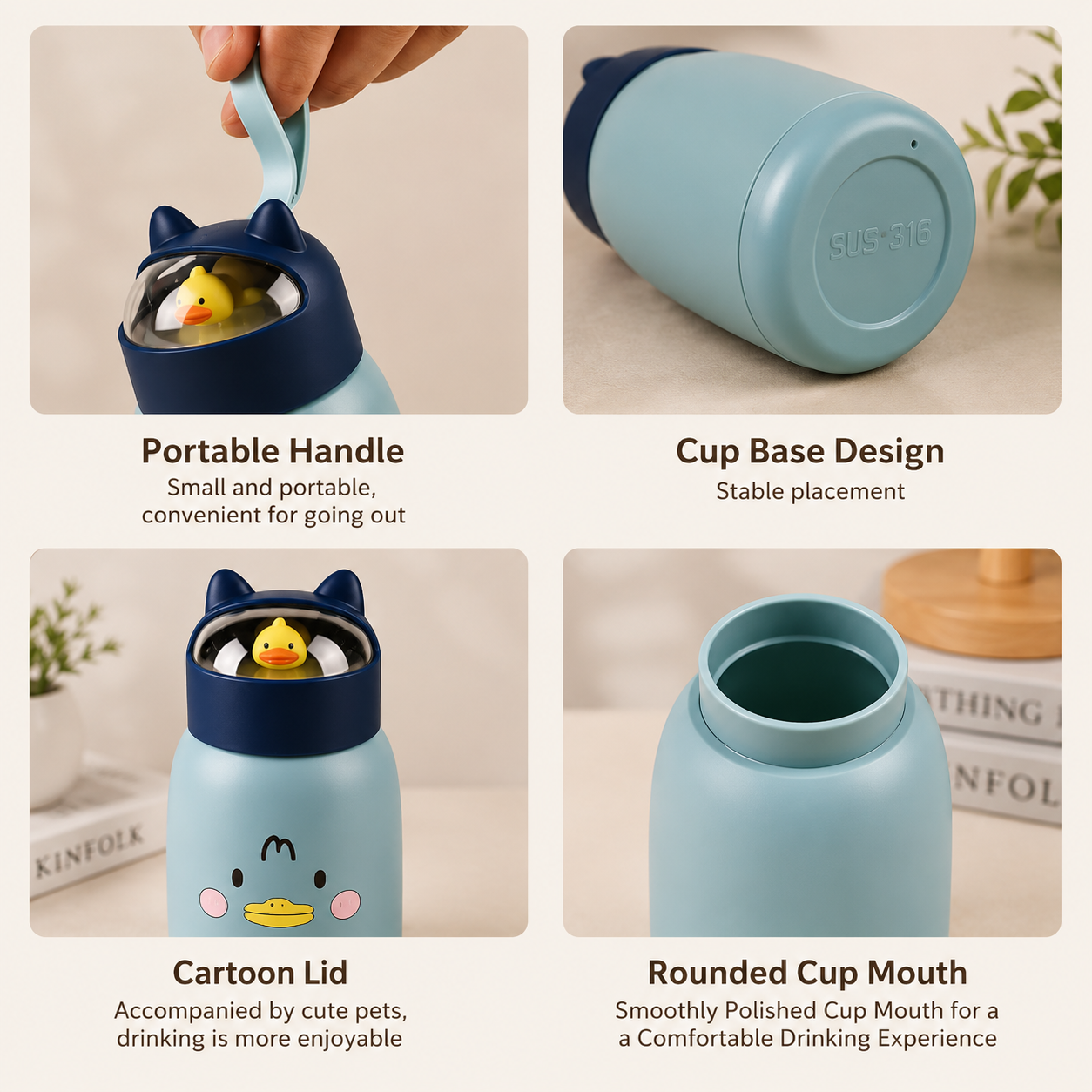 A 2x2 feature comparison graphic for a light blue cartoon cat-face glass cup with a dark blue lid and handle. The panels show a hand holding the portable handle, the stable cup base design, the cartoon lid with a yellow duck inside, and the rounded cup mouth