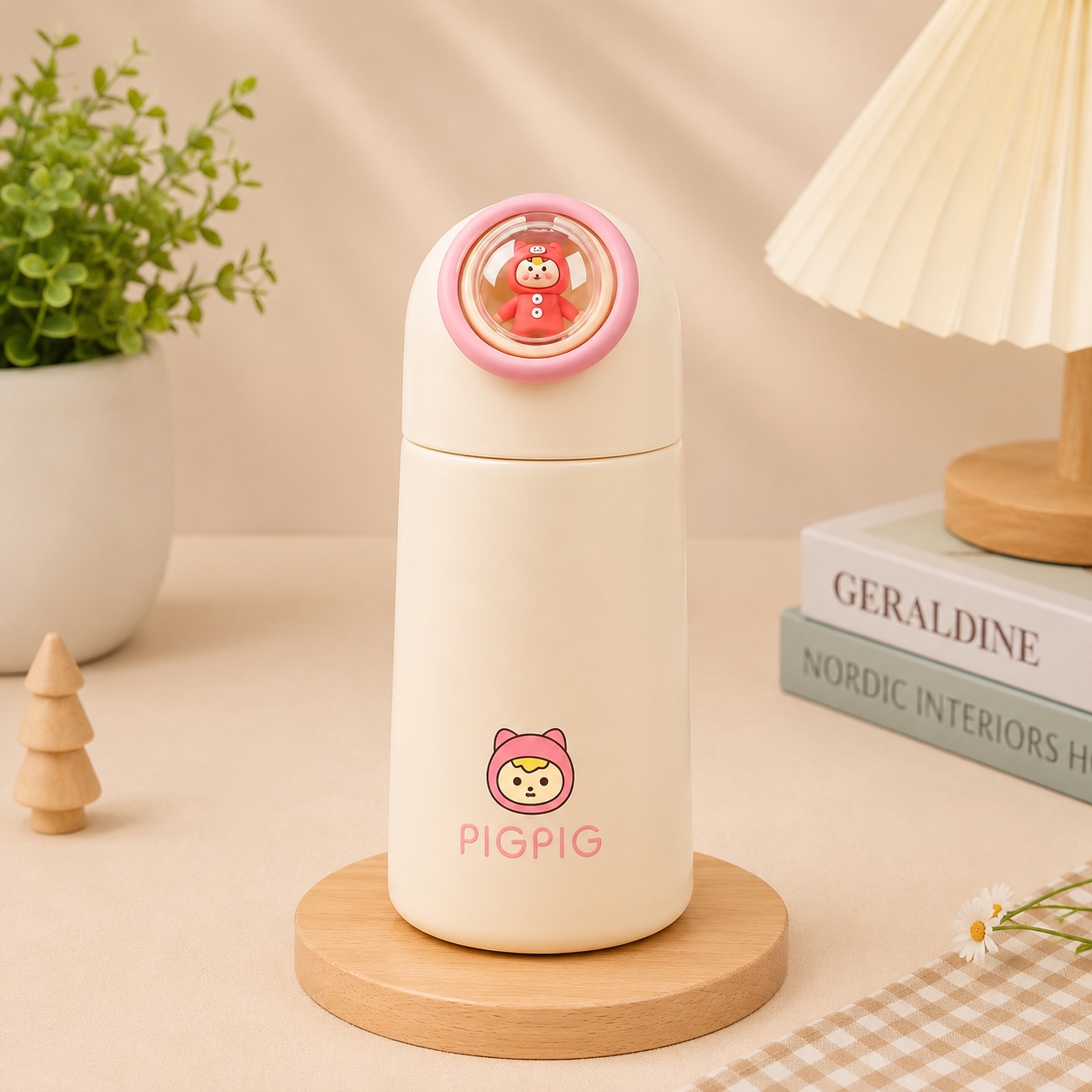 A cream-colored glass bottle with a pink cartoon character and the text 'PIGPIG' on the front, resting on a round wooden coaster. The background is a styled tabletop scene with a potted plant, a small wooden tree, a stack of books, and a pleated table lamp.