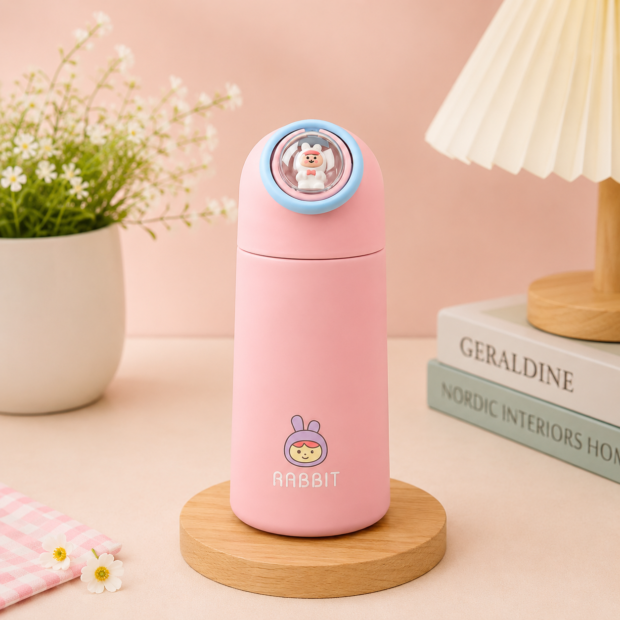 A pink glass water bottle with a cartoon rabbit character and the word 'RABBIT' on the front, displayed on a round wooden coaster on a tabletop. The background features a soft pink wall, a potted white flower, a pleated cream lamp shade, and a stack of books.
