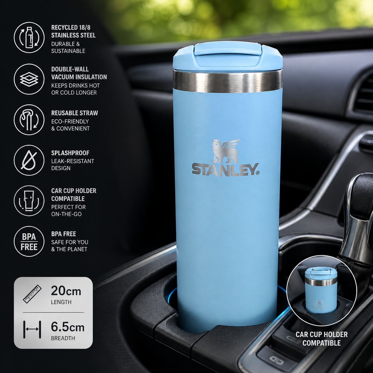 A light blue Stanley car cup holder travel tumbler with a stainless steel rim, shown inside a car cup holder. The image includes feature icons on the left, a size graphic in the bottom left, and a circular inset showing the cup holder compatibility.
