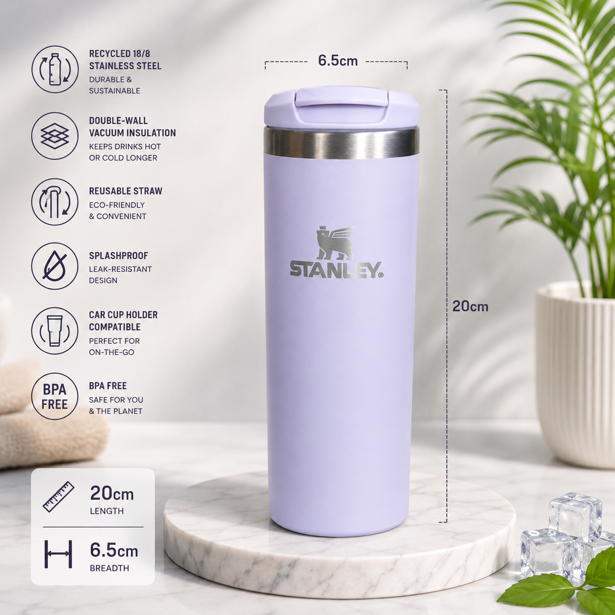 A lavender purple Stanley car cup holder tumbler with a stainless steel rim, shown on a marble pedestal with product feature callouts and dimensions on a light marble surface.