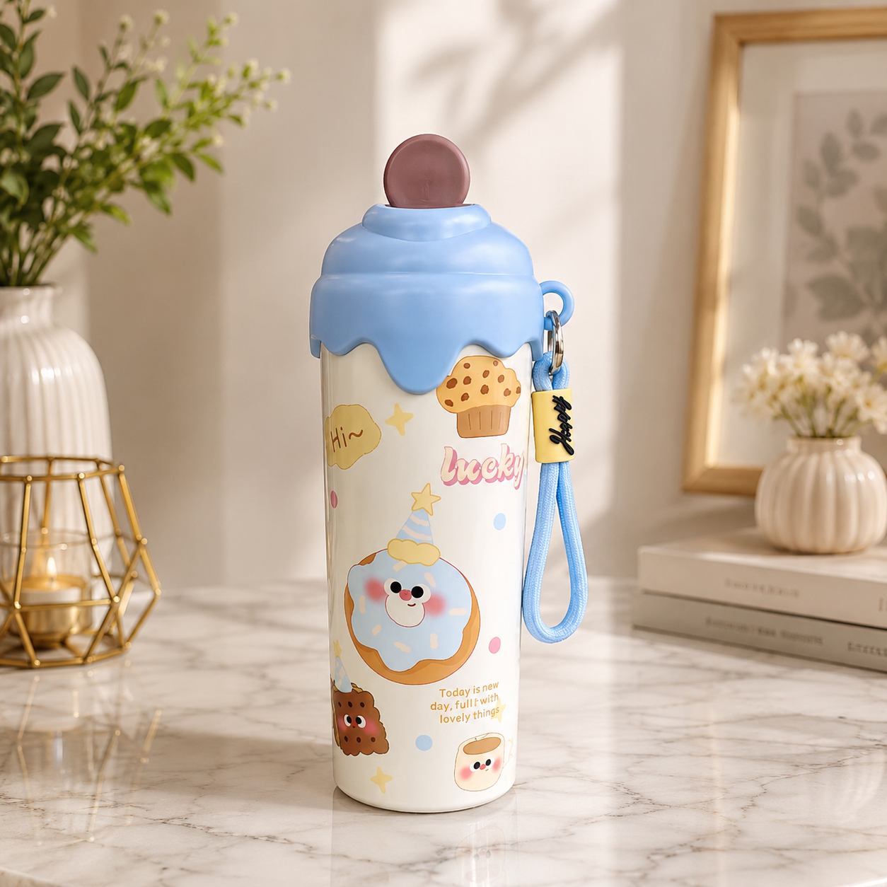 A cute, cartoon-themed water bottle with a blue dripping lid, a blue carrying loop, and a small gold charm, set on a marble countertop with a warm, styled background.