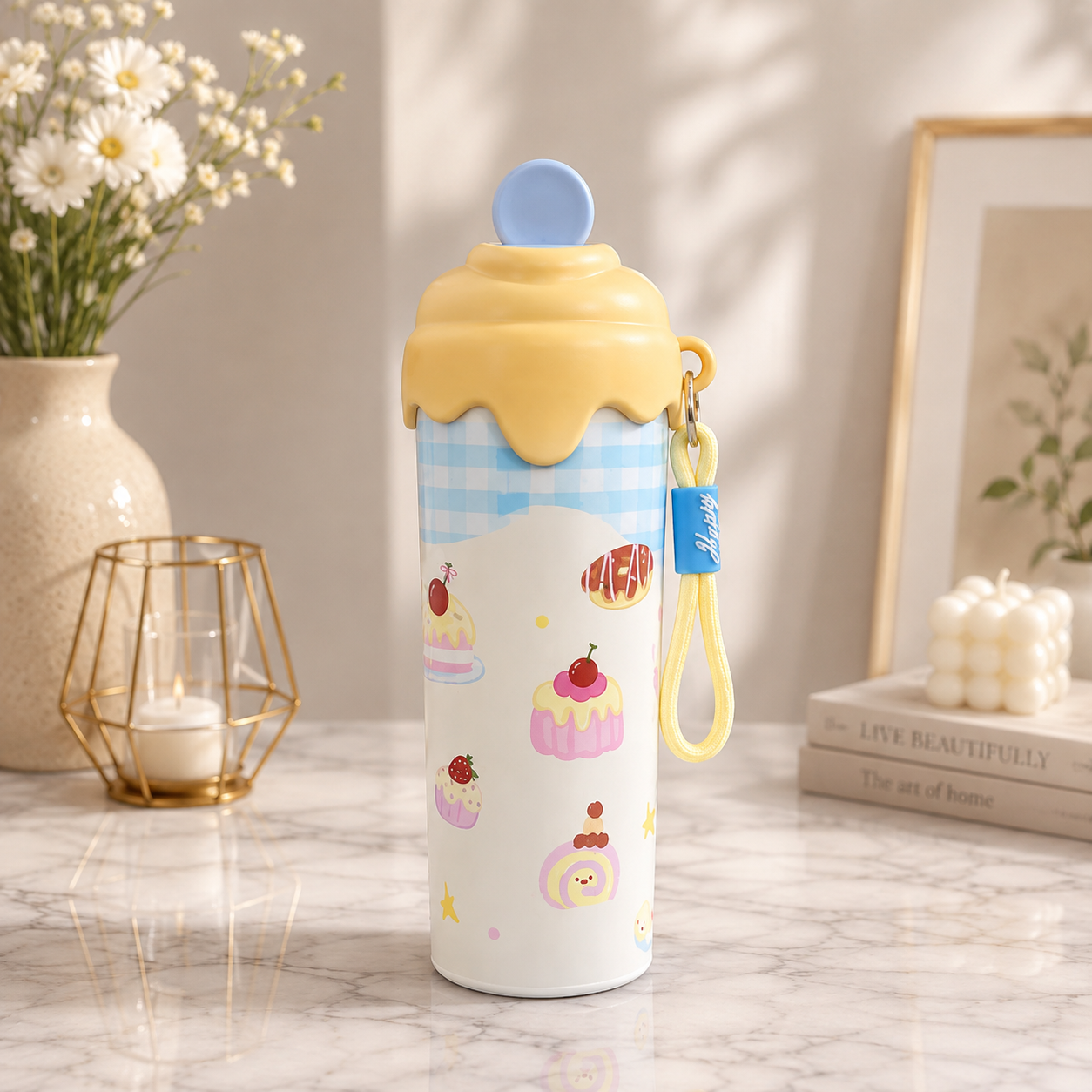 A cute, insulated stainless steel water bottle with a yellow and blue gingham pattern, decorated with pastel cupcake illustrations. It features a yellow icing-drip style lid with a blue flip-top cap and a yellow carrying strap, set on a marble countertop with decorative props in the background.
