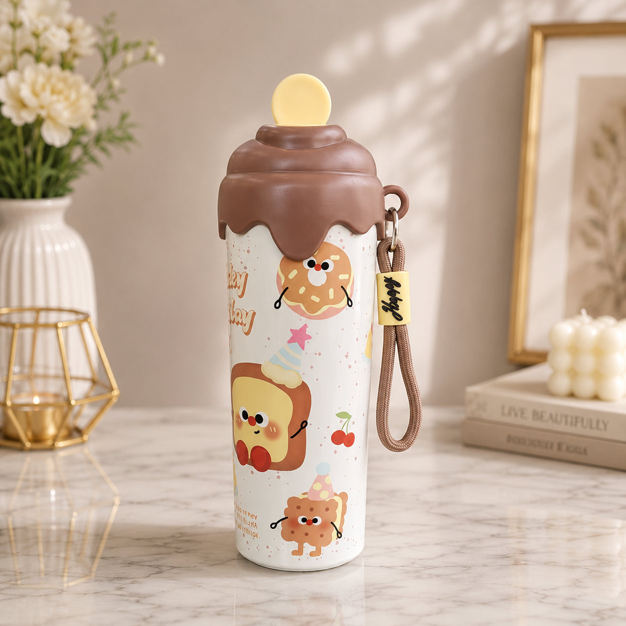 A cute, dessert-themed stainless steel water bottle with a lid and carrying strap, styled on a marble tabletop with decorative props in a warm, sunlit room.