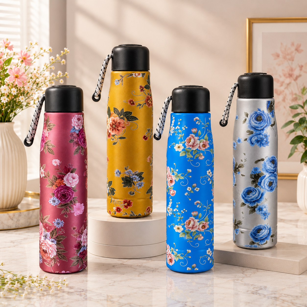 Four floral stainless steel water bottles with black caps and silver chain handles, displayed on pedestals in a bright, styled interior setting.