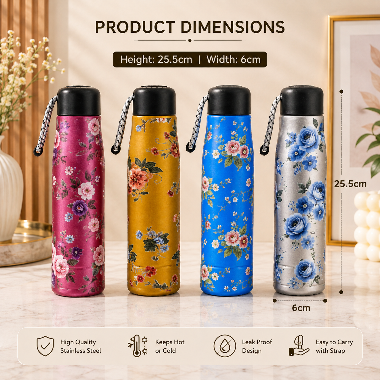 Four insulated stainless steel water bottles with floral prints are shown on a tabletop with overlaid dimension labels reading 25.5 cm height and 6 cm width.