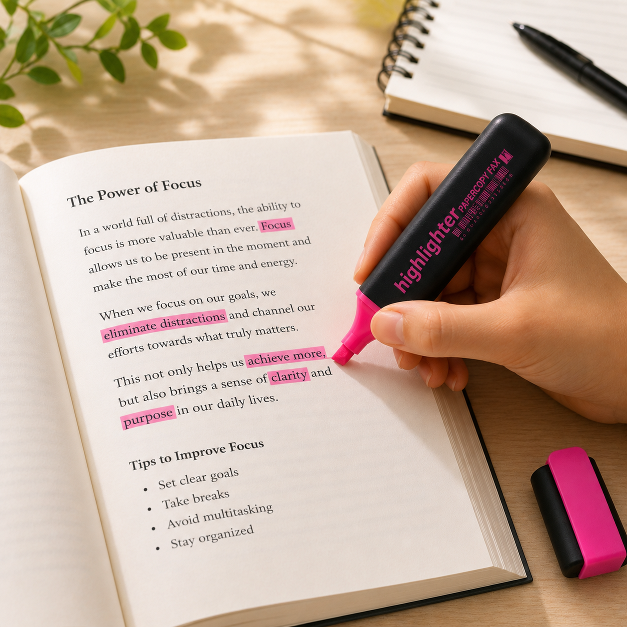 A hand holds a black highlighter with a bright pink tip, marking highlighted text in an open notebook. The highlighter is branded 'highlighter' and the notebook lies on a wooden desk with other stationery nearby.